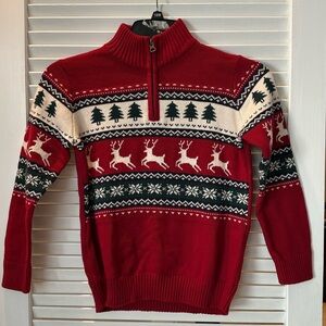 The Children’s Place Boys Red Zip-Up Sweater with Reindeer and Tree Design